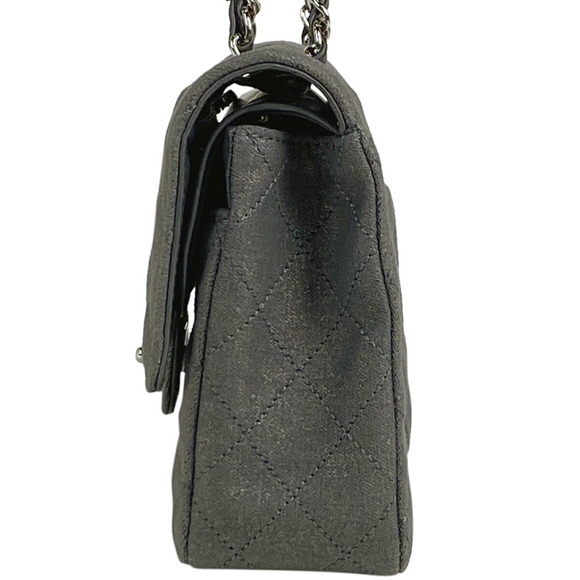 Chanel W Bag Gray Canvas Shoulder Lame Flap Chain Matelasse - Picture 1 of 12